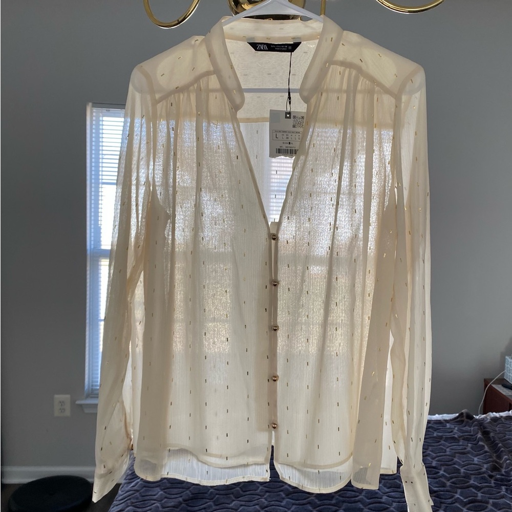 Zara women’s Sheer Cream Button Down Shirt